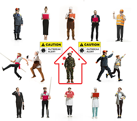 Image showing Collage made with different professions - keep quarantine if you feel sick