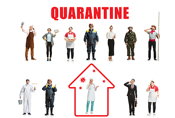 Image showing Collage made with different professions - keep quarantine if you feel sick