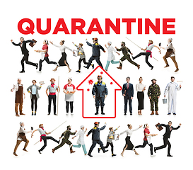 Image showing Collage made with different professions - keep quarantine if you feel sick