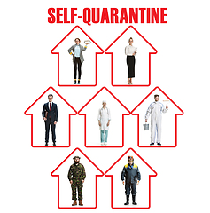 Image showing Collage made with different professions - keep quarantine if you feel sick