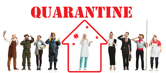 Image showing Collage made with different professions - keep quarantine if you feel sick