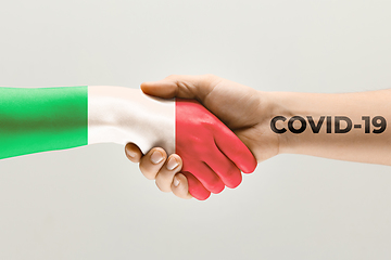 Image showing Human hands colored in flag of Italy and coronavirus - concept of spreading of virus