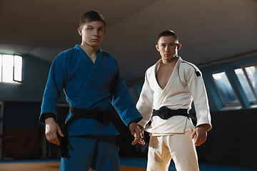 Image showing Two young judo fighters in kimono posing comfident in the gym, strong and healthy