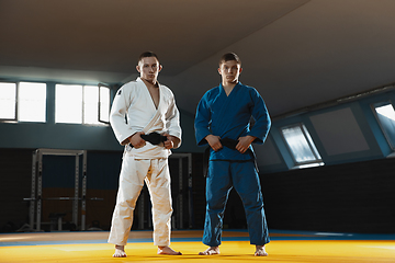 Image showing Two young judo fighters in kimono posing comfident in the gym, strong and healthy