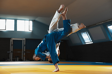 Image showing Two young judo fighters in kimono training martial arts in the gym with expression, in action and motion