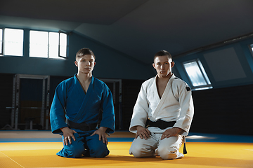 Image showing Two young judo fighters in kimono posing comfident in the gym, strong and healthy