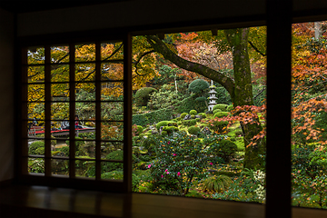 Image showing Japanese wooden house with autumn landscape