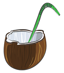 Image showing Coconut cut in half with a green straw vector illustration on wh