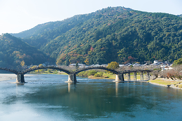 Image showing Wooden arched bridge in Japan