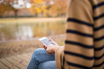 Image showing Woman using cellphone at part in Autumn season