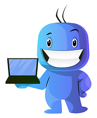 Image showing Blue cartoon caracter with laptop illustration vector on white b