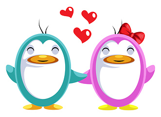 Image showing Blue and pink penguin in love illustration vector on white backg