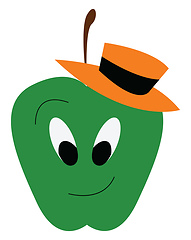 Image showing A displeased green apple wearing a orange hat is looking at some