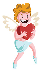 Image showing Cupid holding a big red heart vector illustration on white backg