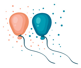Image showing Two peach and blue balloons tied to individual strings and confe