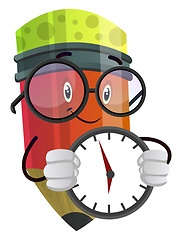 Image showing Red pencil with a clock in his hands illustration vector on whit