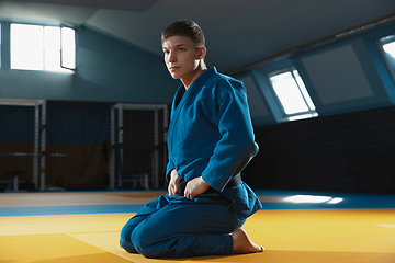 Image showing Young judo fighter in kimono posing comfident in the gym, strong and healthy