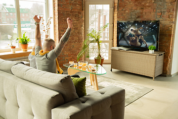 Image showing Excited family watching martial arts, sport match at home, father and son