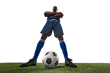 Image showing Football or soccer player on white background - motion, action, activity concept, wide angle