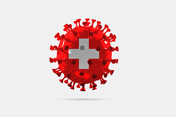 Image showing Model of COVID-19 coronavirus colored in national Switzerland flag, concept of pandemic spreading