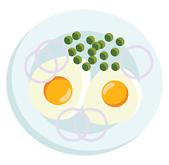 Image showing A breakfast platter with two sunny side ups and green peas serve