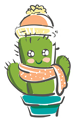 Image showing A cute and happy cactus plant emoji covered in winter clothes ve