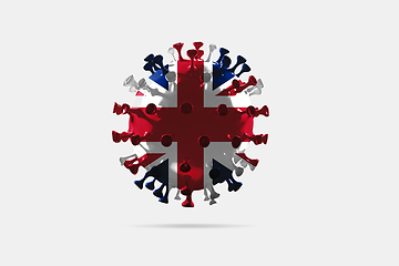 Image showing Model of COVID-19 coronavirus colored in national United Kingdom flag, concept of pandemic spreading