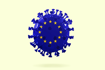 Image showing Model of COVID-19 coronavirus colored in national EU flag, concept of pandemic spreading