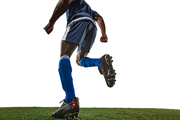 Image showing Football or soccer player on white background - motion, action, activity concept, wide angle