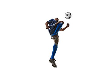 Image showing Football or soccer player on white background - motion, action, activity concept, wide angle