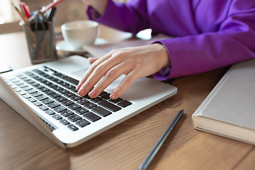 Image showing Young caucasian business woman working in office, diversity and girl power concept, close up