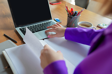 Image showing Young caucasian business woman working in office, diversity and girl power concept, close up