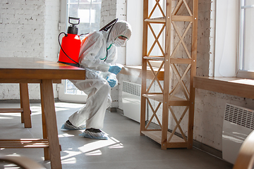 Image showing Coronavirus Pandemic. A disinfector in a protective suit and mask sprays disinfectants in the house or office