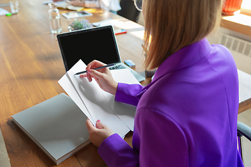 Image showing Young caucasian business woman working in office, diversity and girl power concept