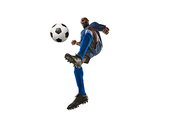 Image showing Football or soccer player on white background - motion, action, activity concept, wide angle