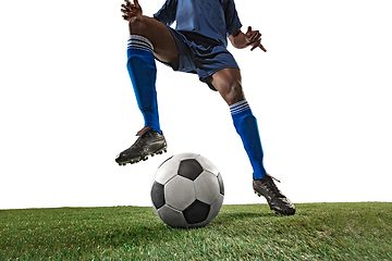 Image showing Football or soccer player on white background - motion, action, activity concept, wide angle