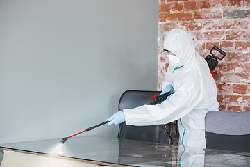 Image showing Coronavirus Pandemic. A disinfector in a protective suit and mask sprays disinfectants in the house or office