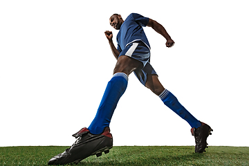 Image showing Football or soccer player on white background - motion, action, activity concept, wide angle