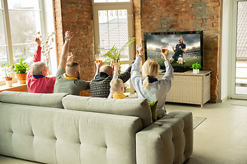 Image showing Excited family watching female football, sport match at home