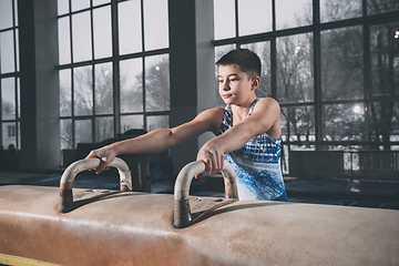 Image showing Little male gymnast training in gym, flexible and active. Caucasian fit little boy, athlete in sportswear practicing in exercises for strength, balance.