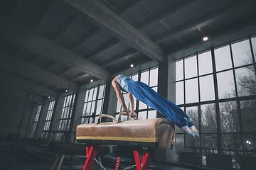 Image showing Little male gymnast training in gym, flexible and active. Caucasian fit little boy, athlete in sportswear practicing in exercises for strength, balance.