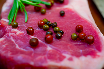 Image showing raw uncooked  ribeye beef steak butcher selection