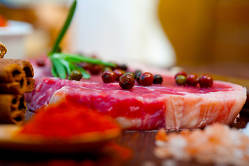 Image showing raw uncooked  ribeye beef steak butcher selection