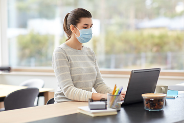 Image showing woman in mask with laptop working at home office