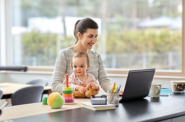 Image showing mother with baby and laptop working at home office