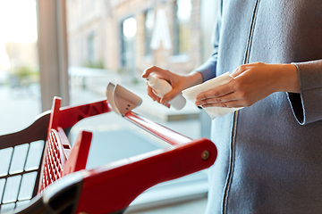 Image showing woman cleaning shopping cart handle with sanitizer