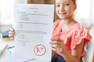 Image showing student girl with school test good mark at home