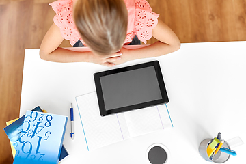 Image showing little student girl with tablet computer at home