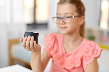 Image showing student girl using smart speaker at home