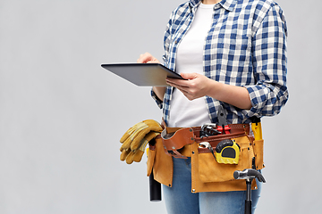 Image showing woman or builder with tablet pc and working tools